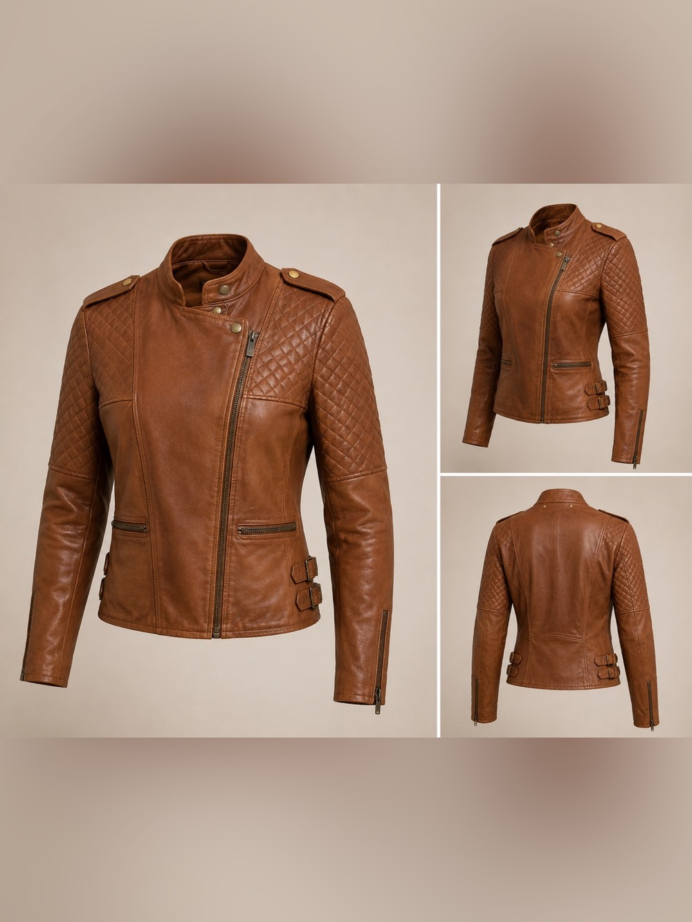 Mango Brown Quilted Leather Moto Jacket